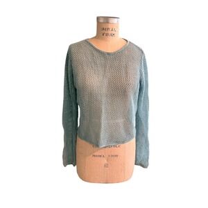 Eileen Fisher Petite Light Blue Open Knit Mesh Fishnet Sweater PM Long Sleeve